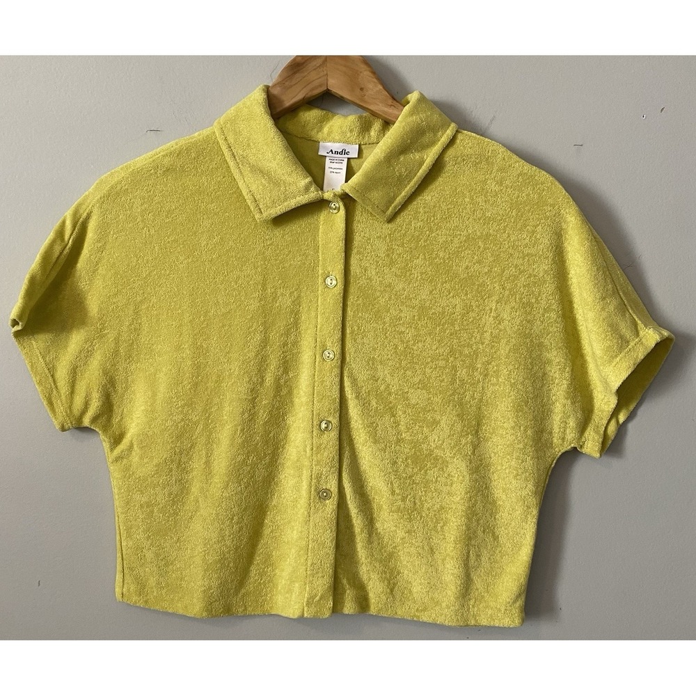 Andie Womens Terry Cloth Buttonโ Down Shirt Lime Green Cropped Short Sleeve SM
